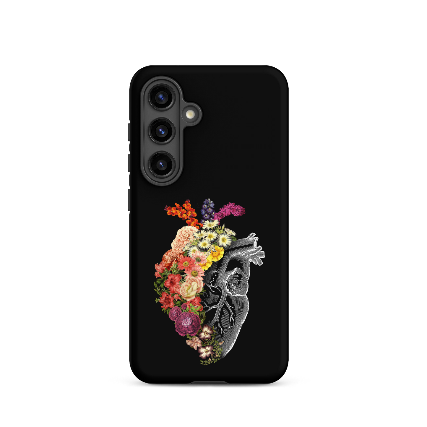 The design is an intricate and anatomical drawing of a human heart on a black background. The left side of the heart morphs into a vibrant assortment of colorful flowers, including roses, daisies, and other blooming blossoms, creating a striking contrast between the realistic and the surreal, symbolizing the harmony between nature and humanity.
