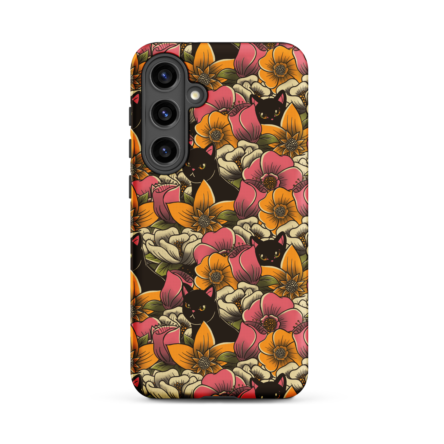 The image features a repeating pattern of colorful flowers in pink, yellow, and cream hues with lush green foliage. Interspersed among the flowers are playful black cats with bright eyes. The design has a whimsical and vibrant feel, ideal for various products like t-shirts, stickers, coffee cups, and skateboards. The style is reminiscent of traditional floral art blended with playful elements of animal decor.