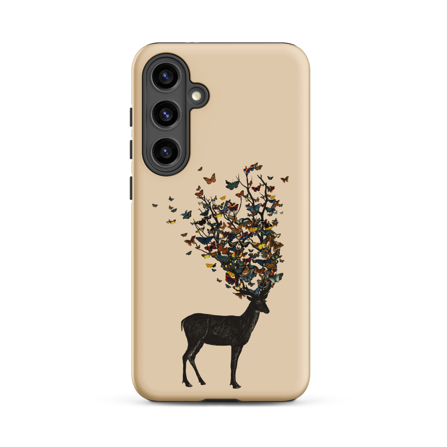 The image depicts a dark, silhouetted deer standing on a neutral background. Instead of branches, its antlers transform into a swirling cloud of vibrant, colorful butterflies that extend upwards and outward. The mix of organic and ethereal elements creates a captivating and whimsical visual contrast.