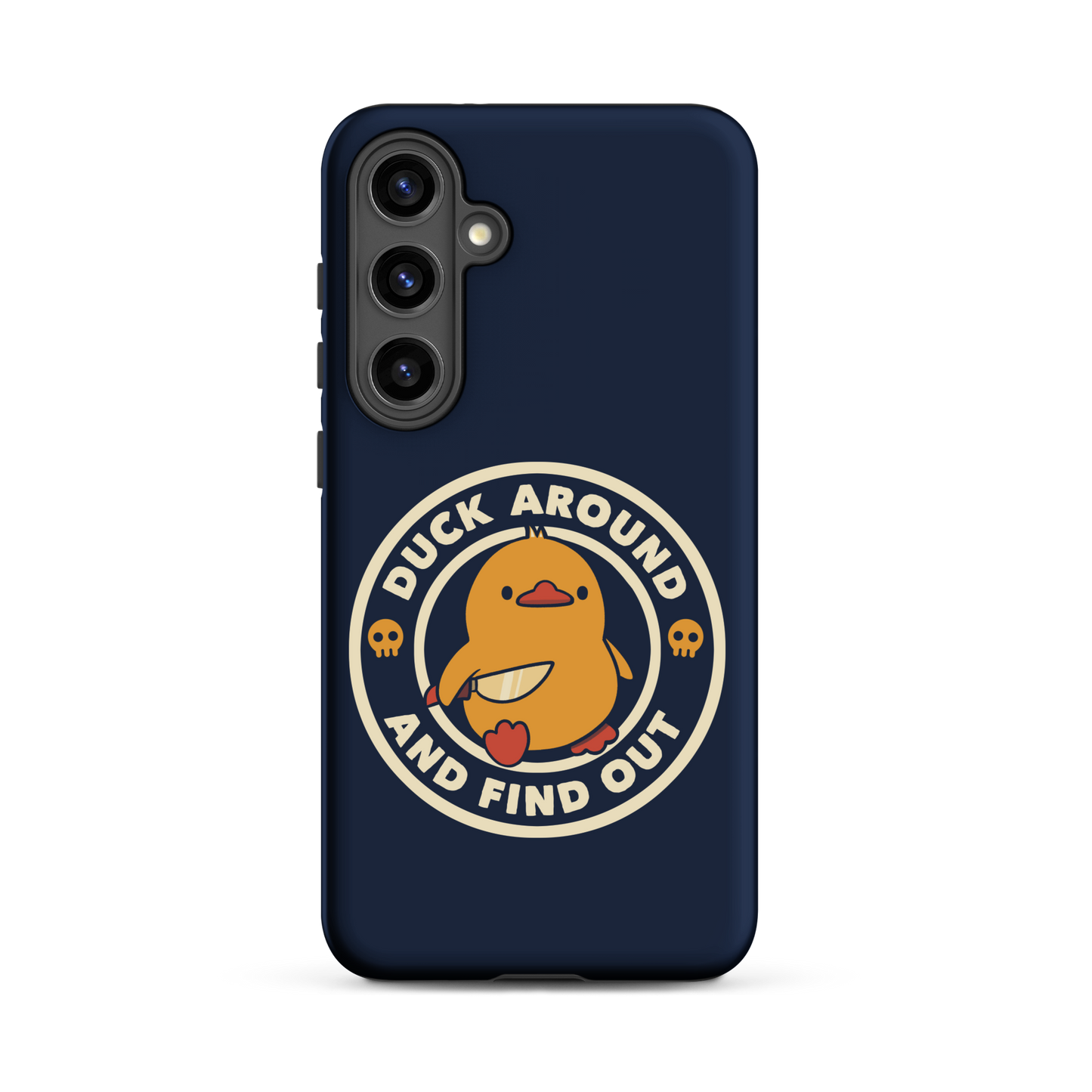 A cute yellow duck holding a small knife, around it the text "Duck Around And Find Out". An art that mixes humor with the temperament of ducks.