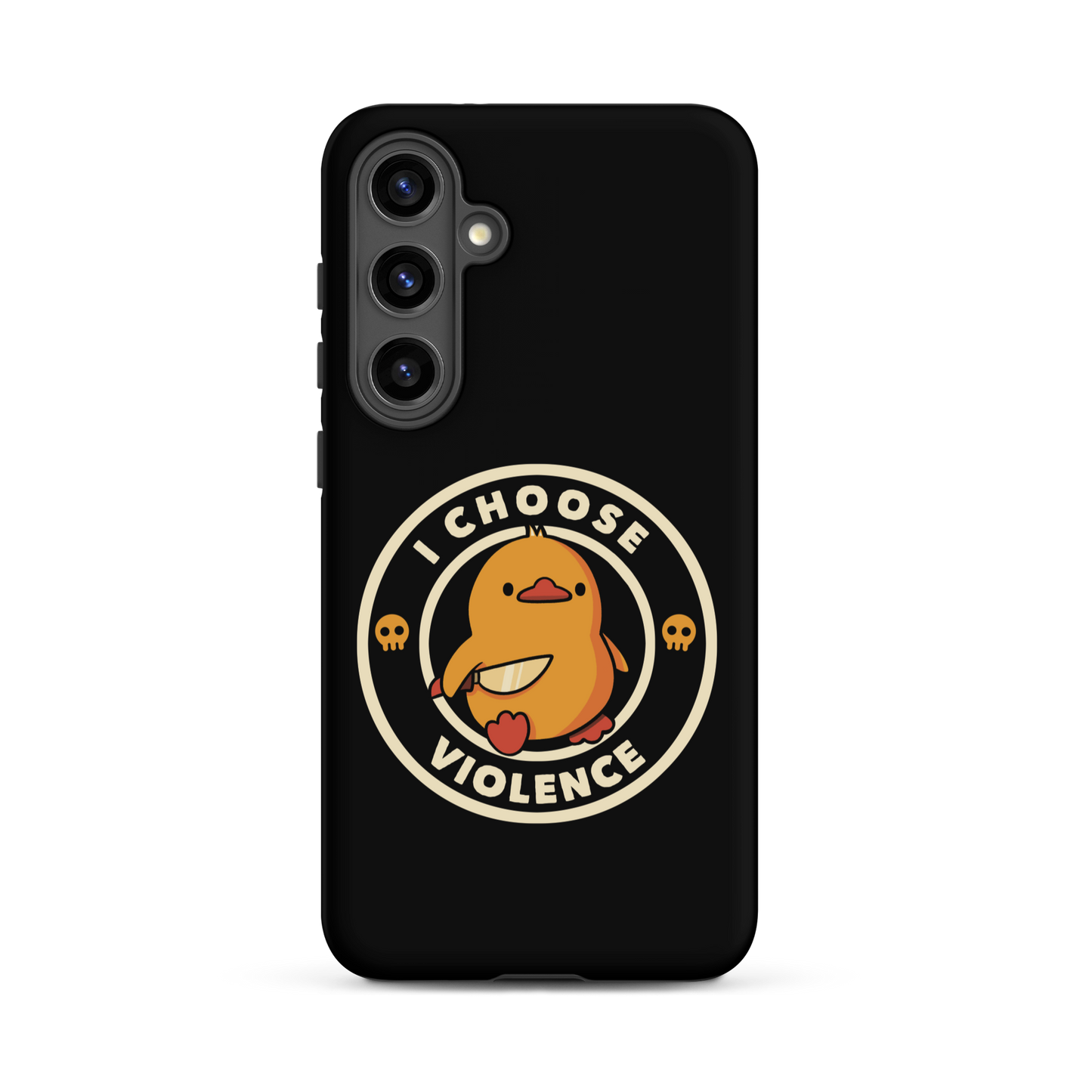 A cute, cartoon-style yellow duckling stands confidently holding a large knife in its wing. The duckling is encircled by text saying 'I CHOOSE VIOLENCE' in bold white letters. Small skull symbols flank the chick on either side, adding a touch of humor and irony to the otherwise adorable drawing.