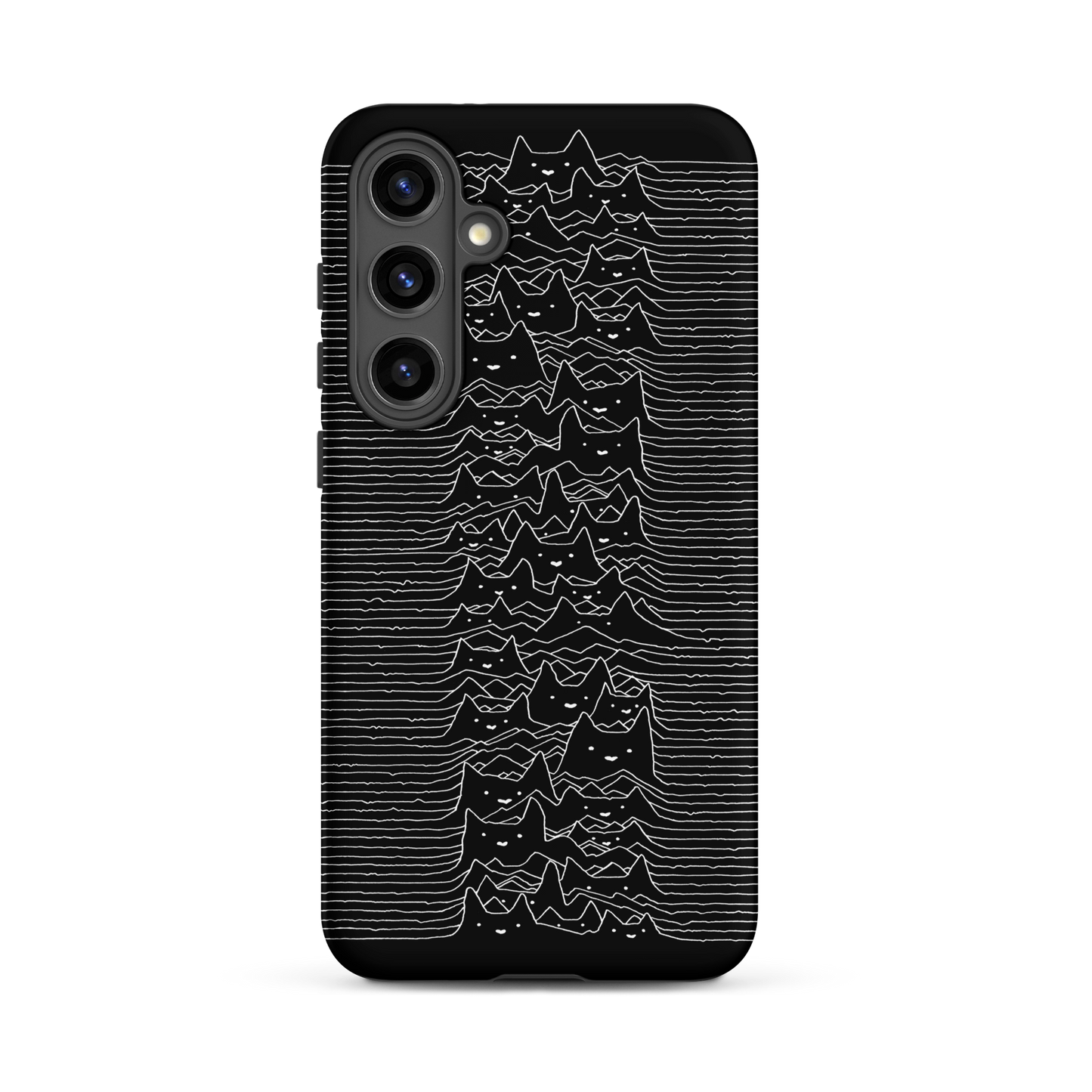 The drawing is a series of continuous wavy lines forming a pattern reminiscent of sound waves or topographic maps, but with an unexpected twist: the lines create the shapes of numerous cat faces stacked vertically. Each cat has simple, expressive features with pointed ears, adding a whimsical element to the otherwise structured pattern.