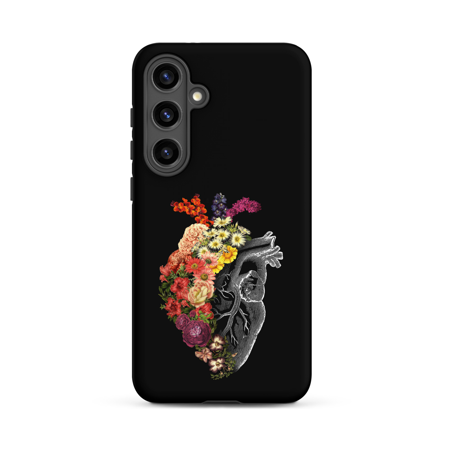 The design is an intricate and anatomical drawing of a human heart on a black background. The left side of the heart morphs into a vibrant assortment of colorful flowers, including roses, daisies, and other blooming blossoms, creating a striking contrast between the realistic and the surreal, symbolizing the harmony between nature and humanity.