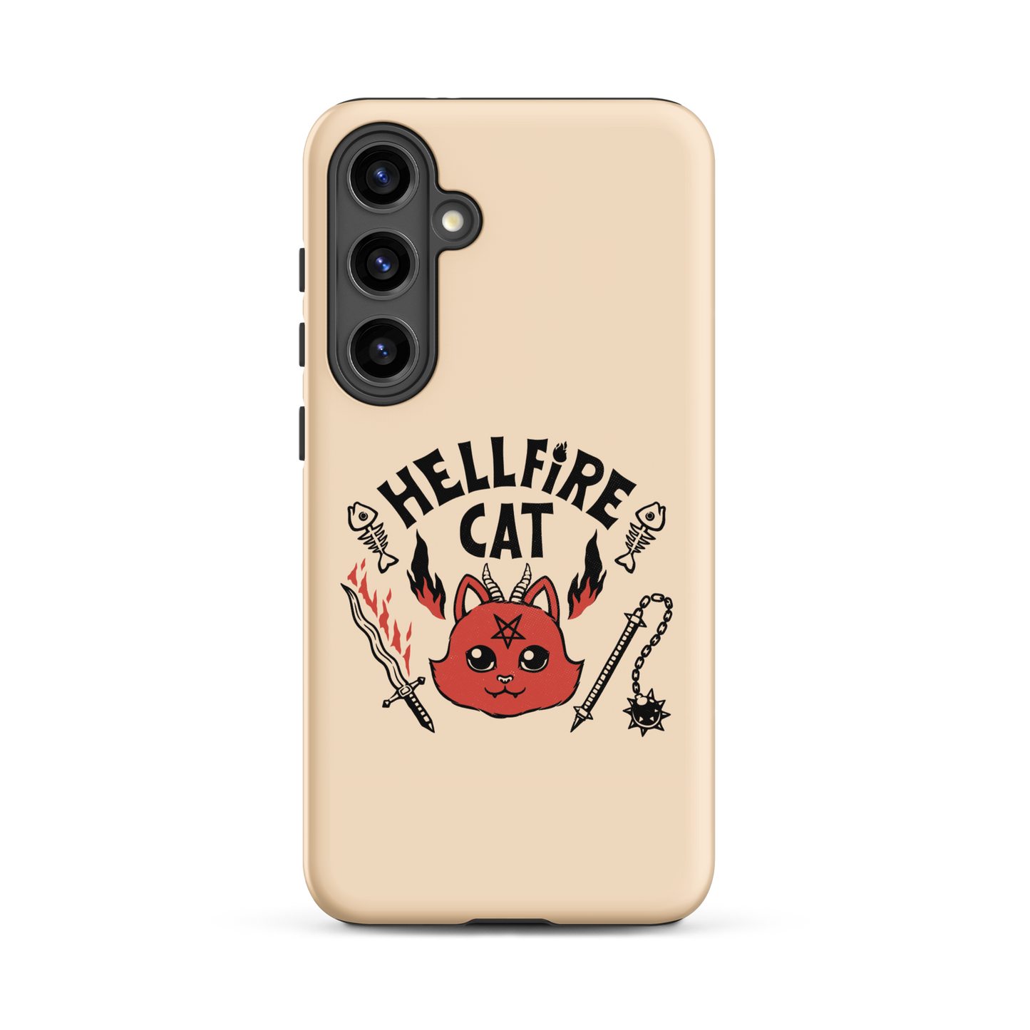 Vintage-style illustration of a cute red devil cat with small horns and a pentagram on its forehead, surrounded by flames, weapons, fish skeletons, and the bold phrase “Hellfire Cat” in a playful gothic design.