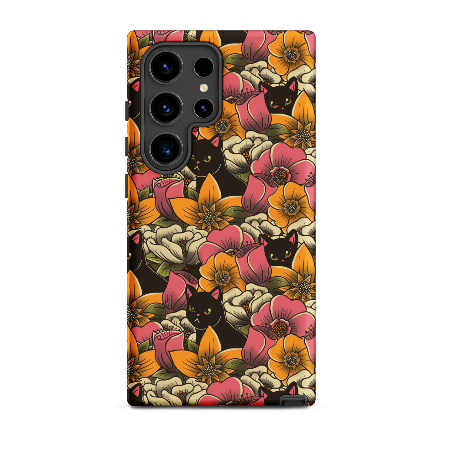 The image features a repeating pattern of colorful flowers in pink, yellow, and cream hues with lush green foliage. Interspersed among the flowers are playful black cats with bright eyes. The design has a whimsical and vibrant feel, ideal for various products like t-shirts, stickers, coffee cups, and skateboards. The style is reminiscent of traditional floral art blended with playful elements of animal decor.