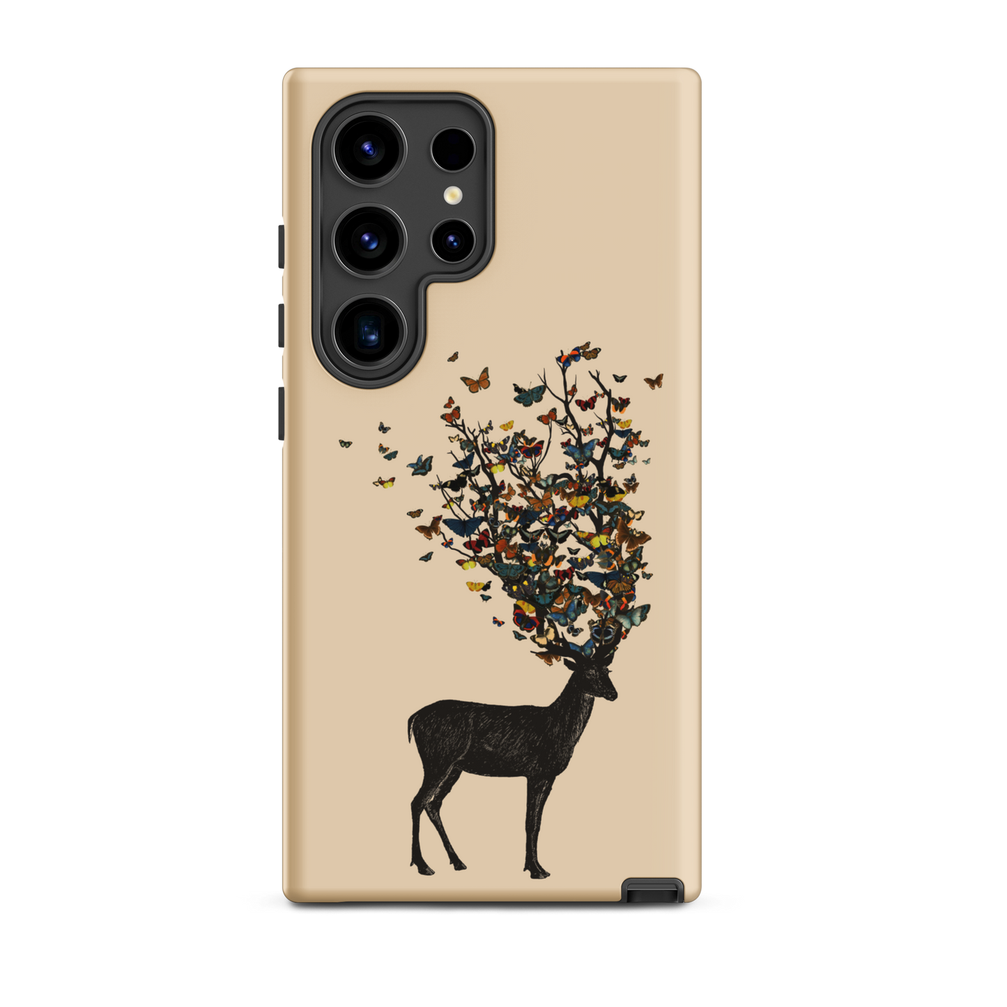 The image depicts a dark, silhouetted deer standing on a neutral background. Instead of branches, its antlers transform into a swirling cloud of vibrant, colorful butterflies that extend upwards and outward. The mix of organic and ethereal elements creates a captivating and whimsical visual contrast.