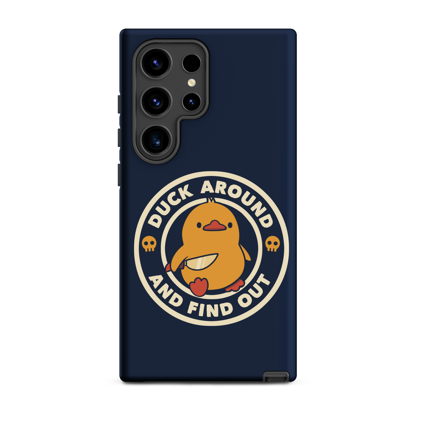 A cute yellow duck holding a small knife, around it the text "Duck Around And Find Out". An art that mixes humor with the temperament of ducks.