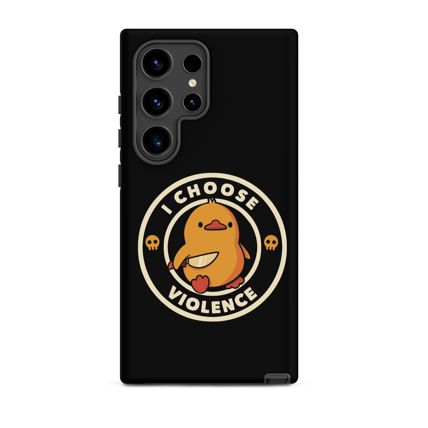 A cute, cartoon-style yellow duckling stands confidently holding a large knife in its wing. The duckling is encircled by text saying 'I CHOOSE VIOLENCE' in bold white letters. Small skull symbols flank the chick on either side, adding a touch of humor and irony to the otherwise adorable drawing.