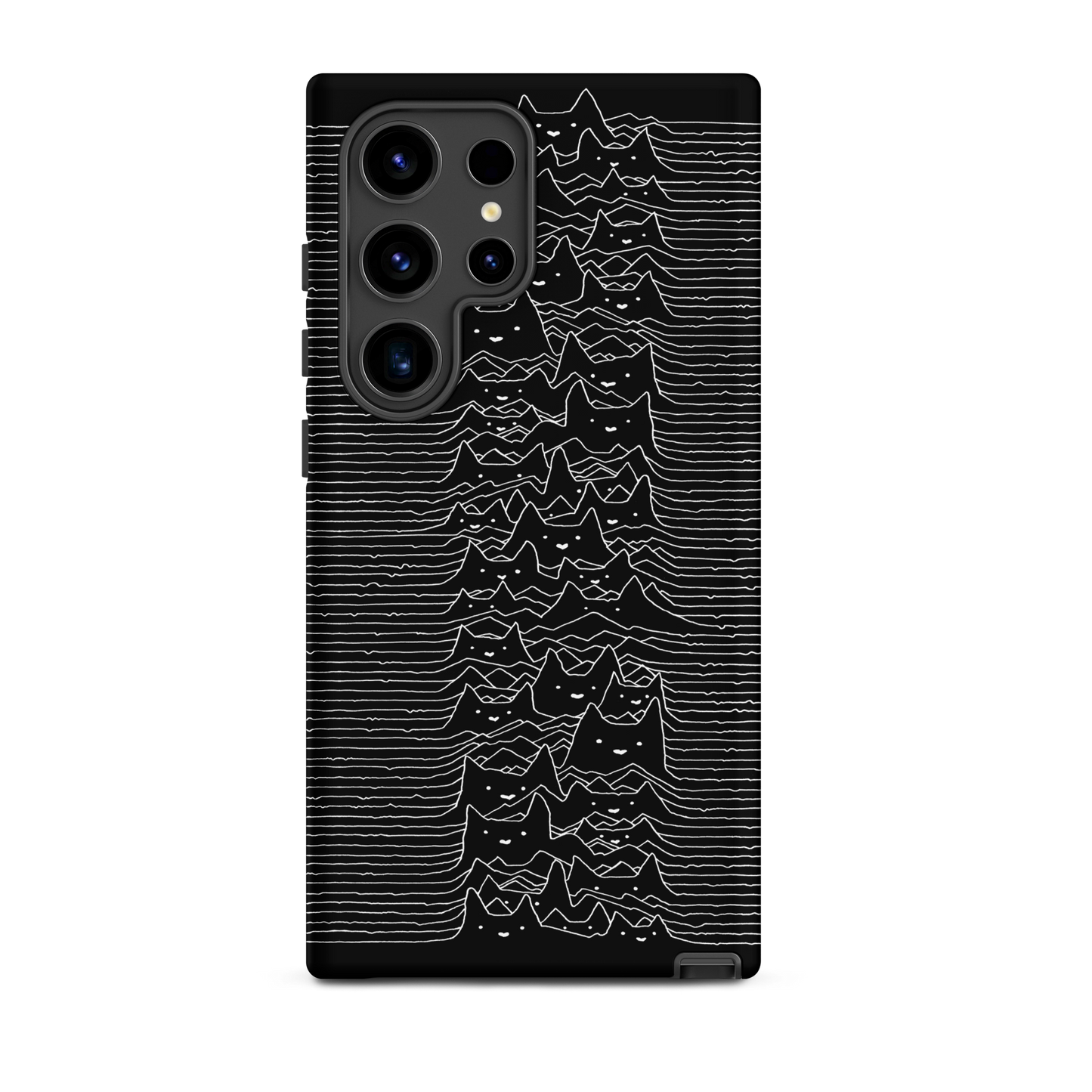 The drawing is a series of continuous wavy lines forming a pattern reminiscent of sound waves or topographic maps, but with an unexpected twist: the lines create the shapes of numerous cat faces stacked vertically. Each cat has simple, expressive features with pointed ears, adding a whimsical element to the otherwise structured pattern.