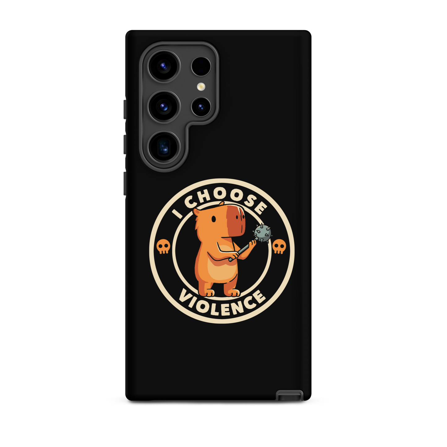 A cute, cartoonish burnt yellow capybara stands holding a spiked mace with a determined expression. Surrounding it is a circular design with the text 'I CHOOSE VIOLENCE' and two small skulls on either side, giving it a humorous yet ironic tone.