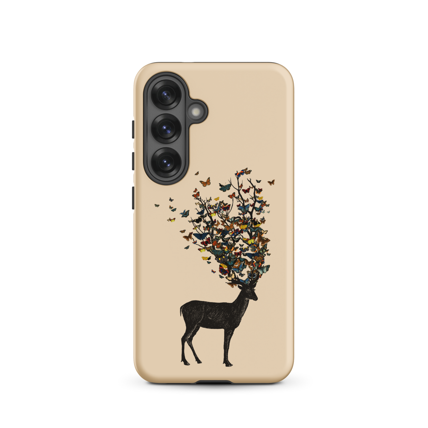 The image depicts a dark, silhouetted deer standing on a neutral background. Instead of branches, its antlers transform into a swirling cloud of vibrant, colorful butterflies that extend upwards and outward. The mix of organic and ethereal elements creates a captivating and whimsical visual contrast.