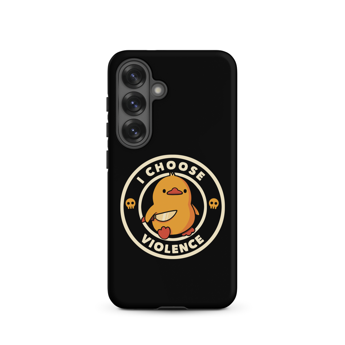 A cute, cartoon-style yellow duckling stands confidently holding a large knife in its wing. The duckling is encircled by text saying 'I CHOOSE VIOLENCE' in bold white letters. Small skull symbols flank the chick on either side, adding a touch of humor and irony to the otherwise adorable drawing.