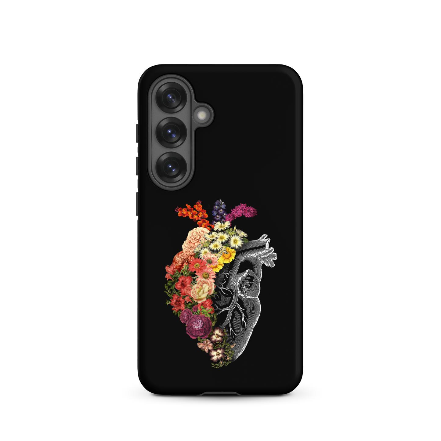 The design is an intricate and anatomical drawing of a human heart on a black background. The left side of the heart morphs into a vibrant assortment of colorful flowers, including roses, daisies, and other blooming blossoms, creating a striking contrast between the realistic and the surreal, symbolizing the harmony between nature and humanity.