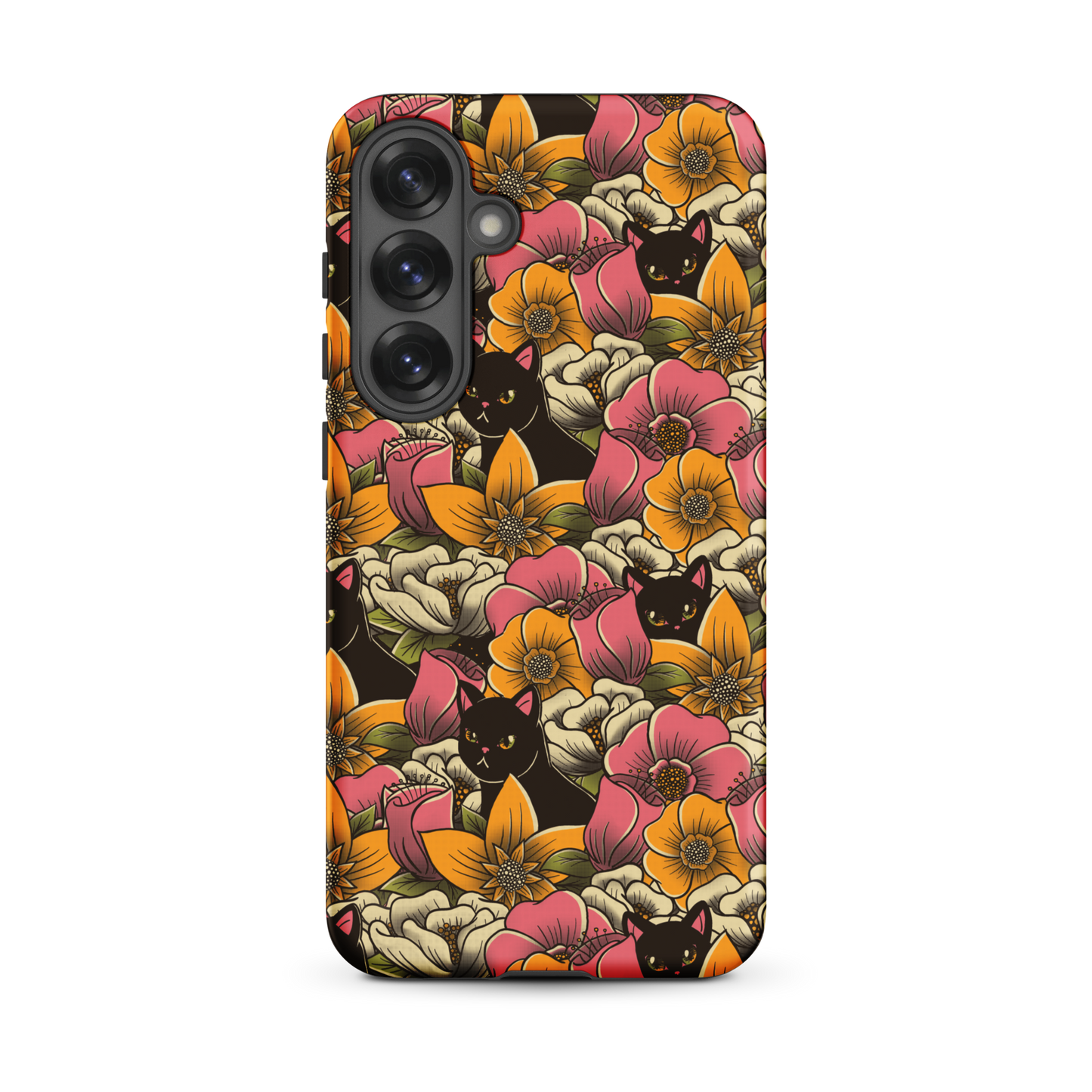 The image features a repeating pattern of colorful flowers in pink, yellow, and cream hues with lush green foliage. Interspersed among the flowers are playful black cats with bright eyes. The design has a whimsical and vibrant feel, ideal for various products like t-shirts, stickers, coffee cups, and skateboards. The style is reminiscent of traditional floral art blended with playful elements of animal decor.