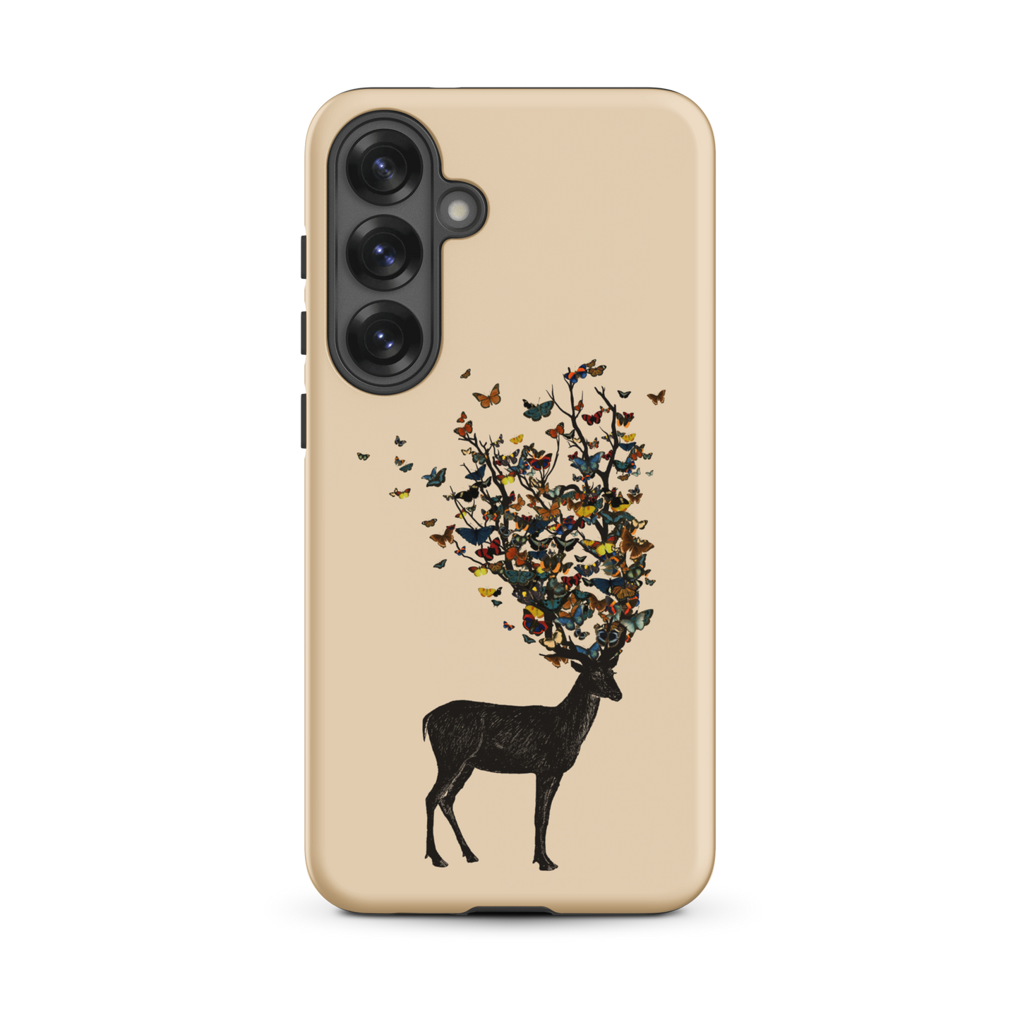 The image depicts a dark, silhouetted deer standing on a neutral background. Instead of branches, its antlers transform into a swirling cloud of vibrant, colorful butterflies that extend upwards and outward. The mix of organic and ethereal elements creates a captivating and whimsical visual contrast.