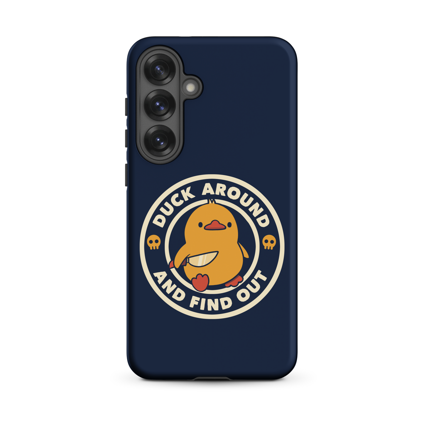 A cute yellow duck holding a small knife, around it the text "Duck Around And Find Out". An art that mixes humor with the temperament of ducks.