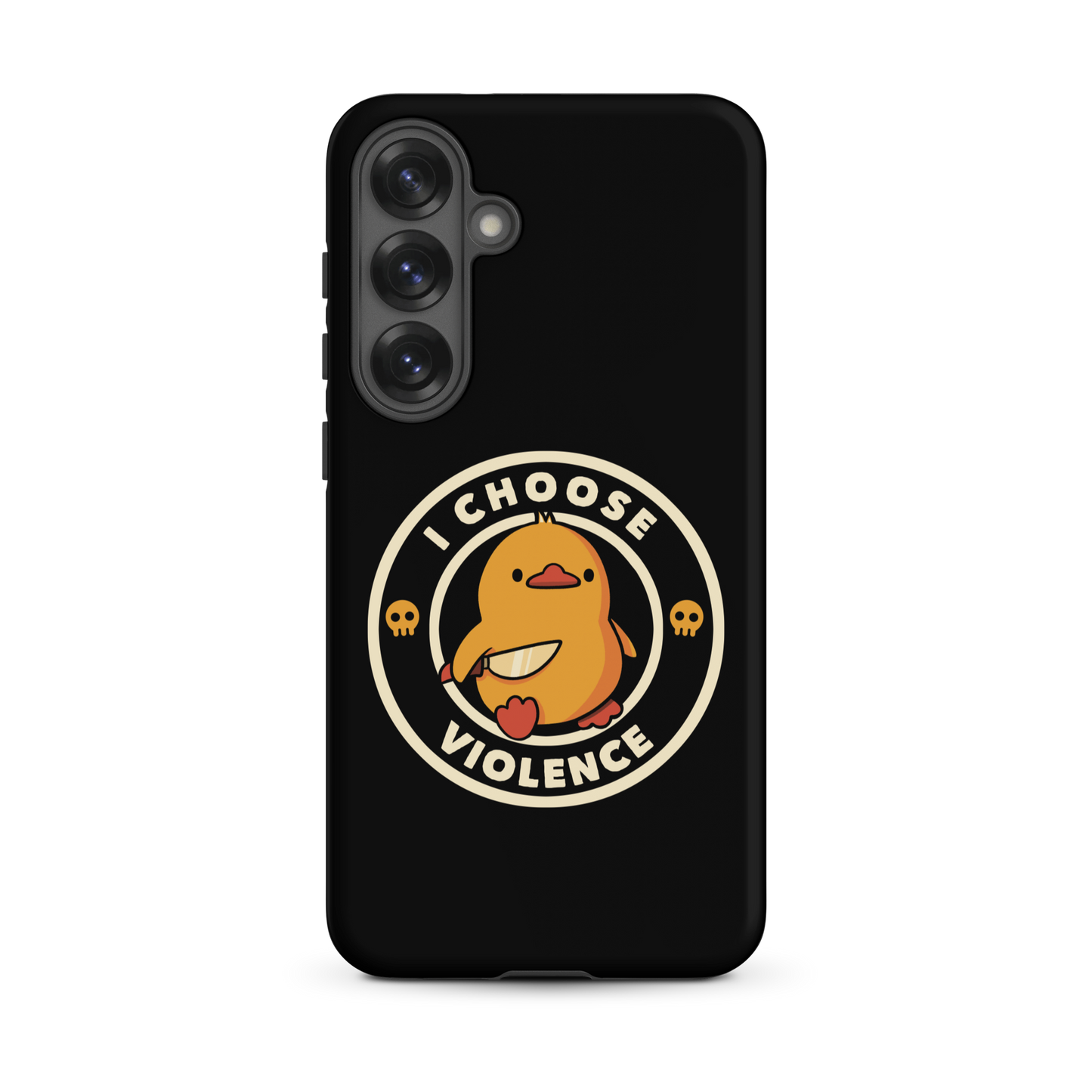 A cute, cartoon-style yellow duckling stands confidently holding a large knife in its wing. The duckling is encircled by text saying 'I CHOOSE VIOLENCE' in bold white letters. Small skull symbols flank the chick on either side, adding a touch of humor and irony to the otherwise adorable drawing.