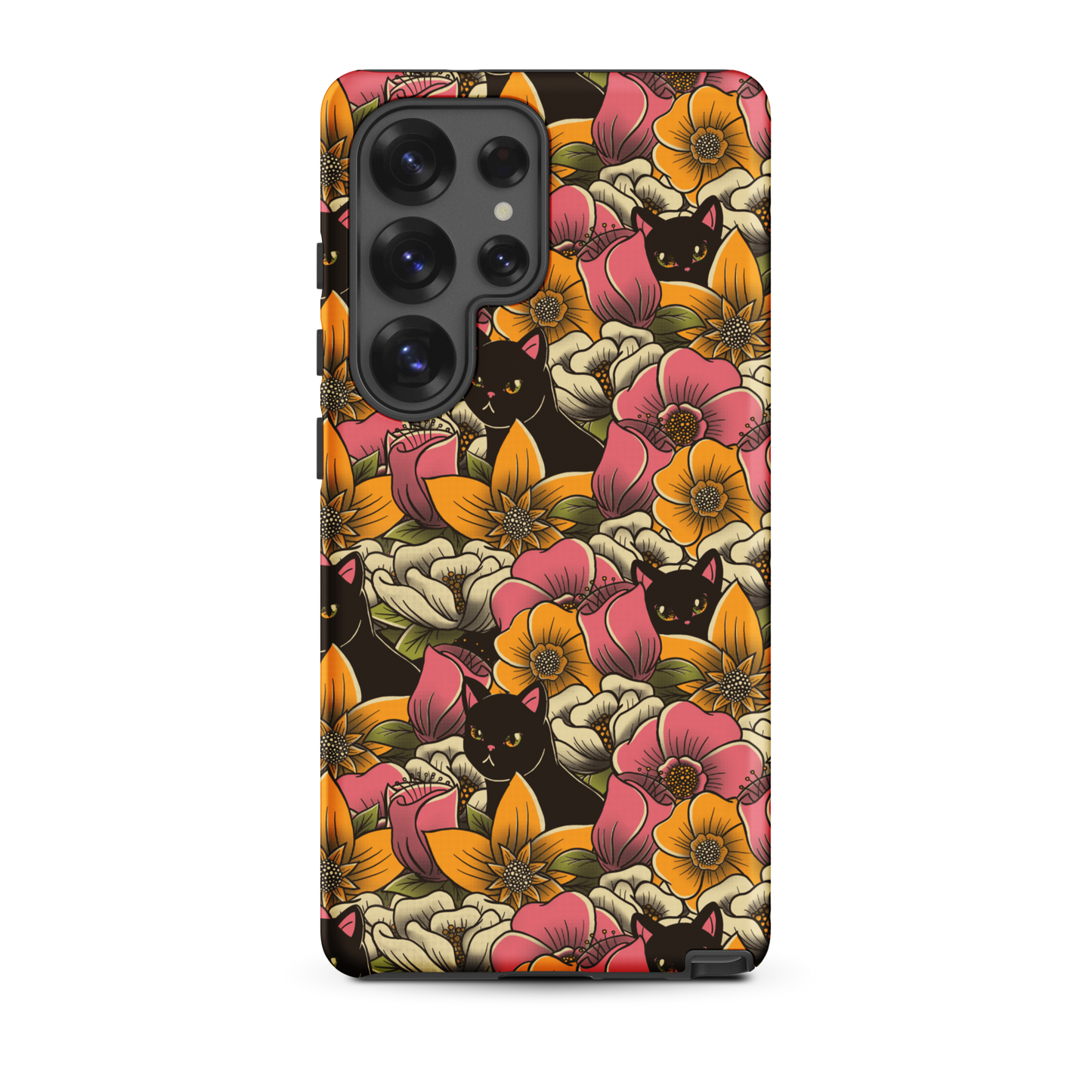 The image features a repeating pattern of colorful flowers in pink, yellow, and cream hues with lush green foliage. Interspersed among the flowers are playful black cats with bright eyes. The design has a whimsical and vibrant feel, ideal for various products like t-shirts, stickers, coffee cups, and skateboards. The style is reminiscent of traditional floral art blended with playful elements of animal decor.