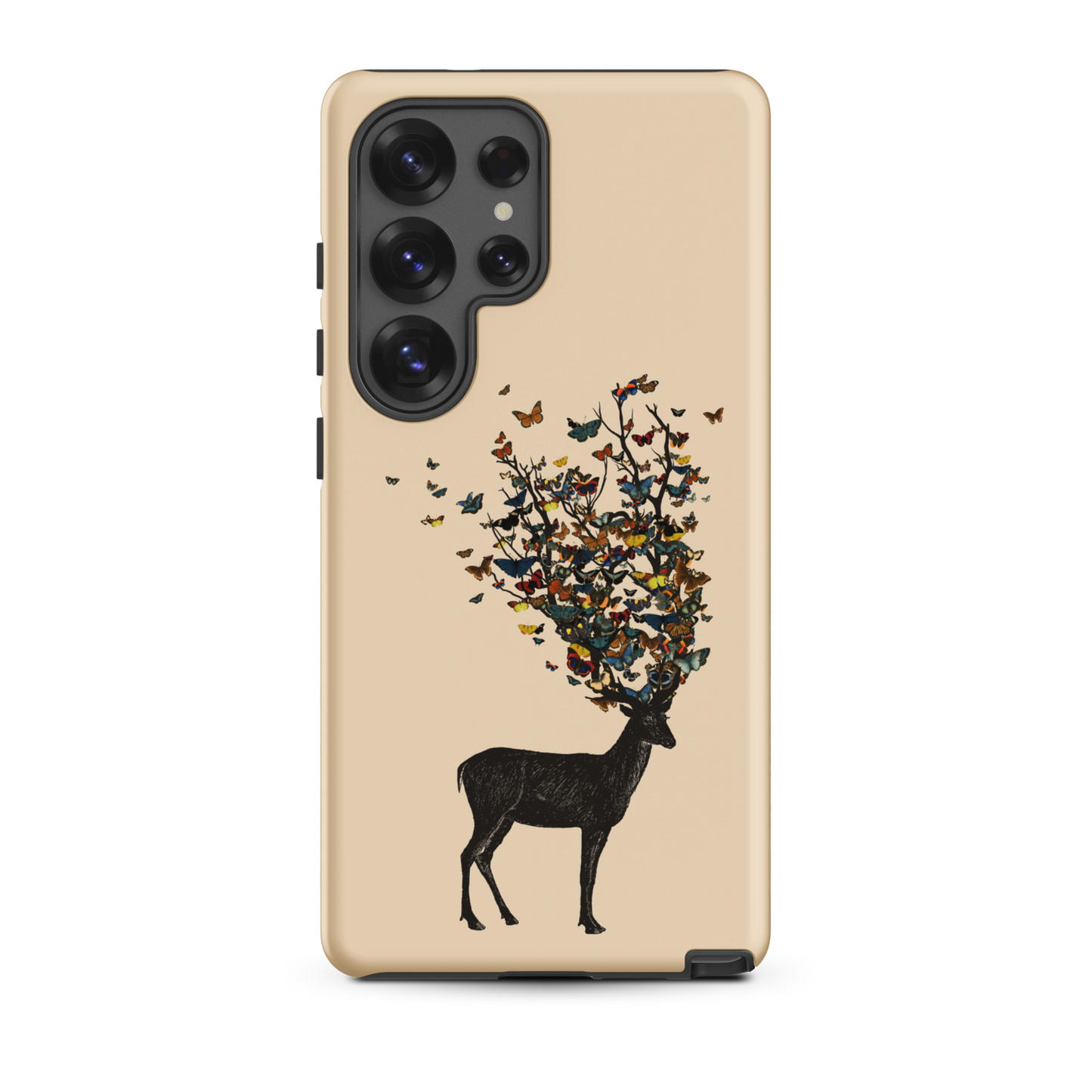 The image depicts a dark, silhouetted deer standing on a neutral background. Instead of branches, its antlers transform into a swirling cloud of vibrant, colorful butterflies that extend upwards and outward. The mix of organic and ethereal elements creates a captivating and whimsical visual contrast.