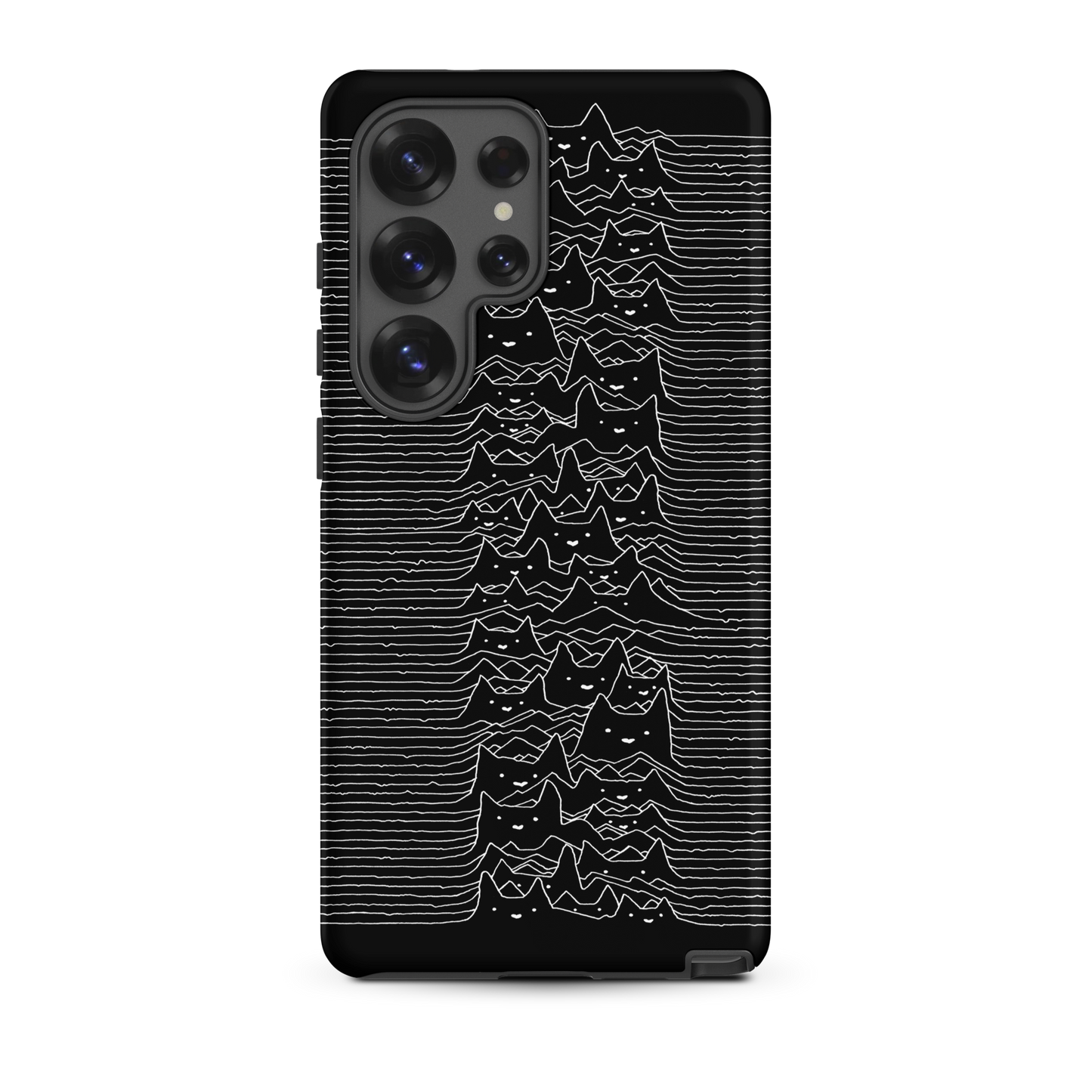 The drawing is a series of continuous wavy lines forming a pattern reminiscent of sound waves or topographic maps, but with an unexpected twist: the lines create the shapes of numerous cat faces stacked vertically. Each cat has simple, expressive features with pointed ears, adding a whimsical element to the otherwise structured pattern.