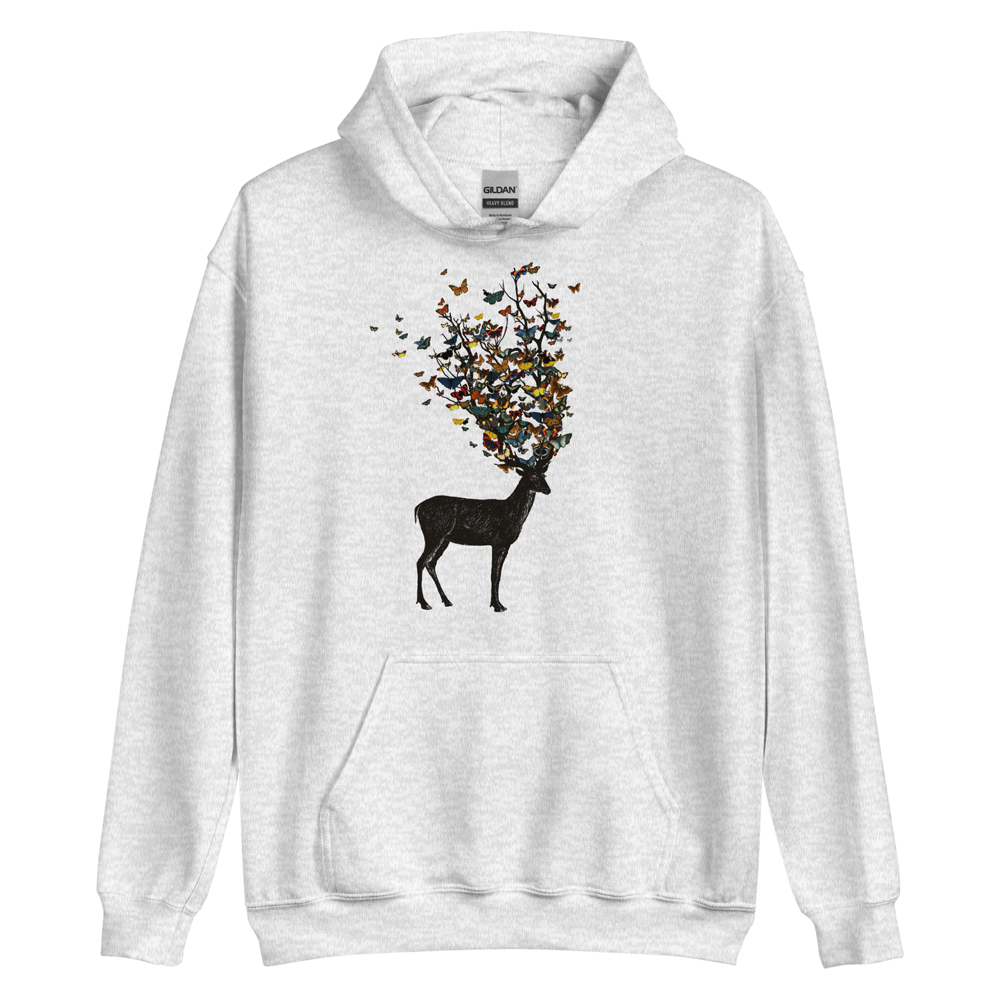 The image depicts a dark, silhouetted deer standing on a neutral background. Instead of branches, its antlers transform into a swirling cloud of vibrant, colorful butterflies that extend upwards and outward. The mix of organic and ethereal elements creates a captivating and whimsical visual contrast.