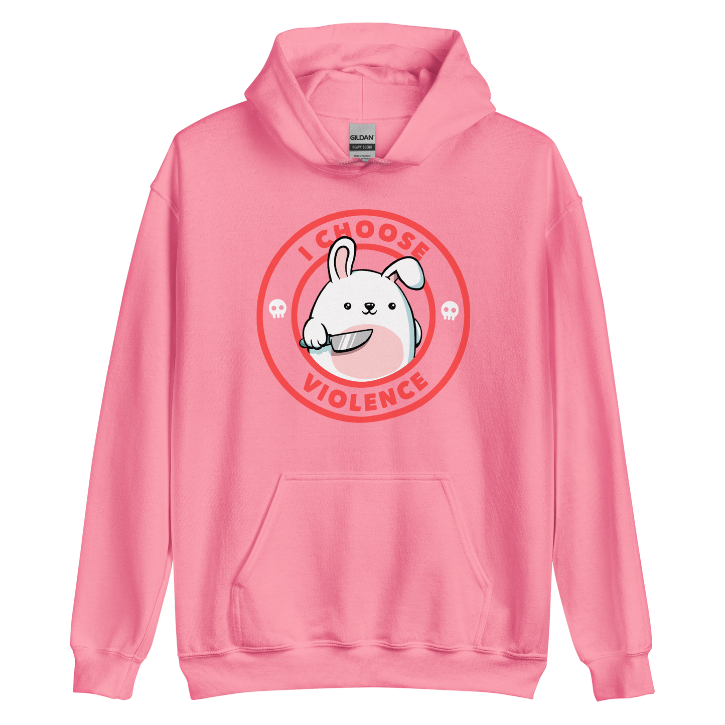 A cute white cartoon bunny with a pink belly stands holding a large kitchen knife in one paw. Surrounding the bunny is a red circular border with the words 'I CHOOSE VIOLENCE'. Small skull icons are on either side of the circle. The overall tone is a mix of adorable and ironic humor.