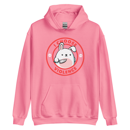 A cute white cartoon bunny with a pink belly stands holding a large kitchen knife in one paw. Surrounding the bunny is a red circular border with the words 'I CHOOSE VIOLENCE'. Small skull icons are on either side of the circle. The overall tone is a mix of adorable and ironic humor.