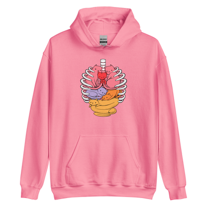 The image features a unique and colorful illustration of six whimsical cats nestled within and around a human ribcage. Each cat is a different bright color, ranging from pink and purple to orange and yellow, creating a visually appealing and vibrant composition. The use of contrasting colors and playful subject matter gives it a charming and eye-catching style.