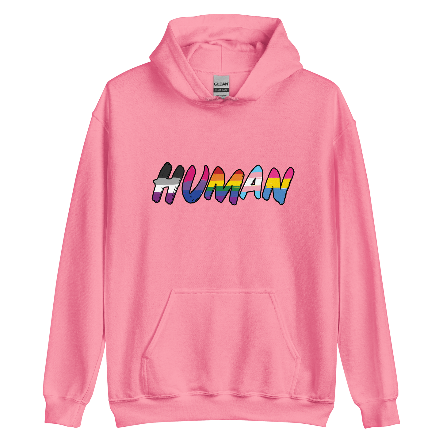 The image displays the word 'HUMAN' in bold, capitalized letters filled with colorful pride flag patterns. The colors within the letters represent different LGBTQ+ pride flags, symbolizing inclusivity and diversity. The background is solid black, which makes the colorful patterns stand out more vibrantly.