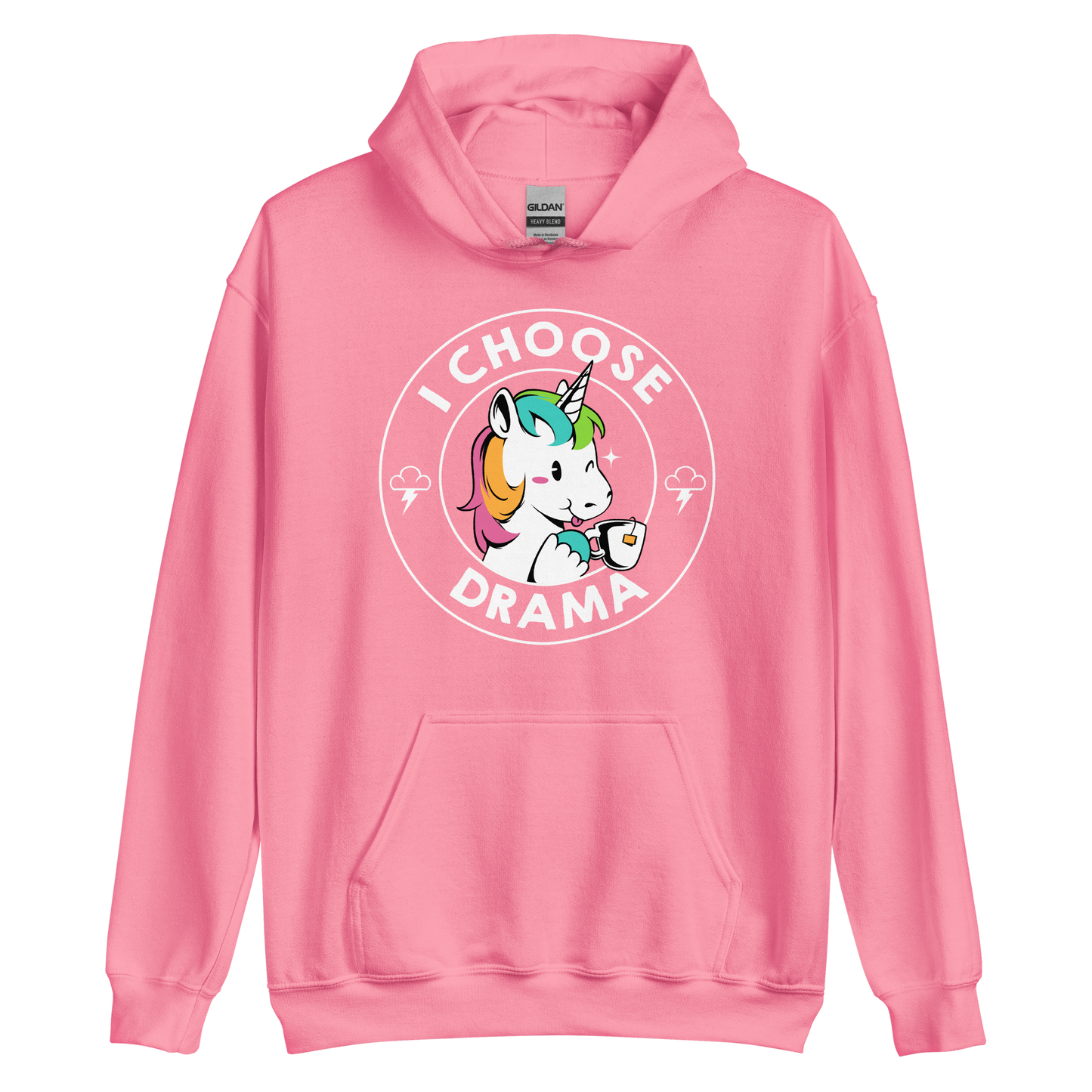 A cartoon unicorn with rainbow-colored mane holds a cup of tea and a heart, encircled by the words 'I Choose Drama'. Two small clouds with lightning bolts flank the unicorn, adding a playful yet slightly edgy vibe. The design is bold and whimsical with a pop-art influence.