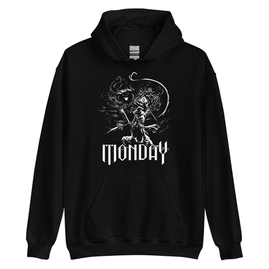 A white fantasy-style illustration showing a wizard standing on a rock, wielding a staff and sword, casting a spell toward a swirling dark, smoky monster with glowing eyes and mouth. The word “MONDAY” appears in large, bold, gothic letters at the bottom, symbolizing the wizard battling the chaos of Monday.