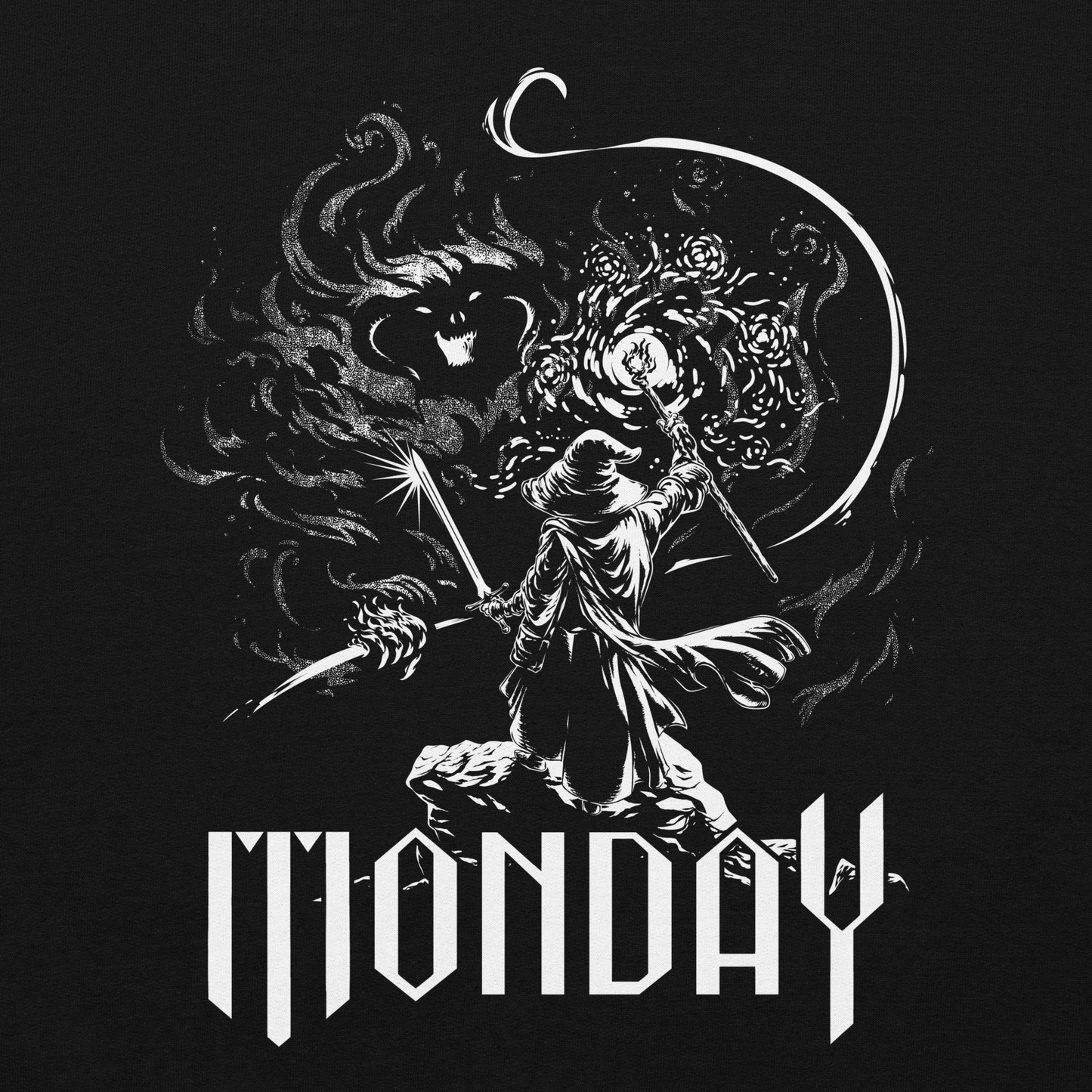A white fantasy-style illustration showing a wizard standing on a rock, wielding a staff and sword, casting a spell toward a swirling dark, smoky monster with glowing eyes and mouth. The word “MONDAY” appears in large, bold, gothic letters at the bottom, symbolizing the wizard battling the chaos of Monday.