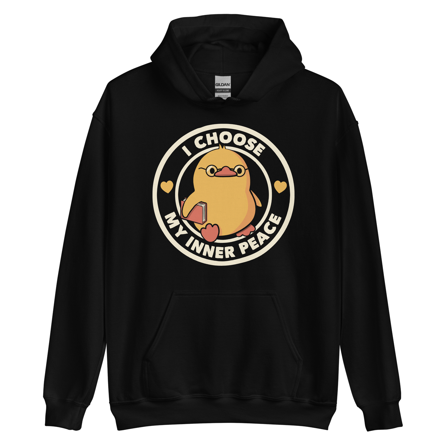 A cute yellow bird with a small tuft of feathers on its head is wearing round glasses and holding a red book. The bird has a determined expression. The image is encircled by the phrase 'I CHOOSE MY INNER PEACE' with two small hearts on each side.