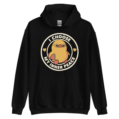 A cute yellow bird with a small tuft of feathers on its head is wearing round glasses and holding a red book. The bird has a determined expression. The image is encircled by the phrase 'I CHOOSE MY INNER PEACE' with two small hearts on each side.