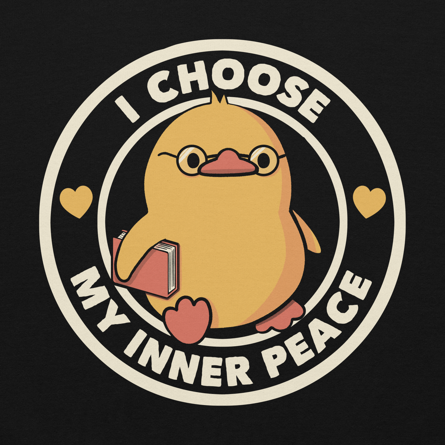 A cute yellow bird with a small tuft of feathers on its head is wearing round glasses and holding a red book. The bird has a determined expression. The image is encircled by the phrase 'I CHOOSE MY INNER PEACE' with two small hearts on each side.