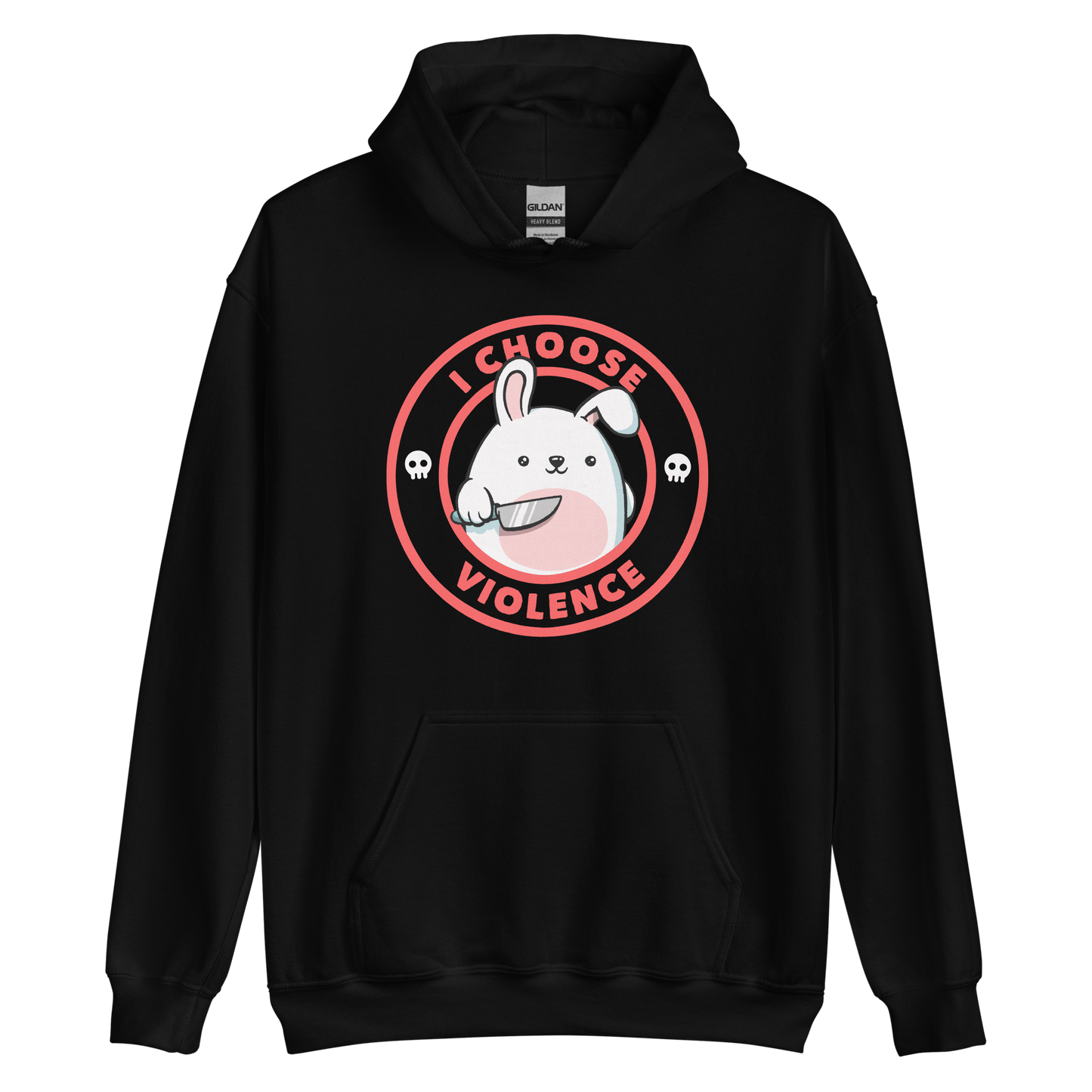 A cute white cartoon bunny with a pink belly stands holding a large kitchen knife in one paw. Surrounding the bunny is a red circular border with the words 'I CHOOSE VIOLENCE'. Small skull icons are on either side of the circle. The overall tone is a mix of adorable and ironic humor.