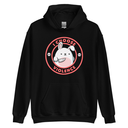 A cute white cartoon bunny with a pink belly stands holding a large kitchen knife in one paw. Surrounding the bunny is a red circular border with the words 'I CHOOSE VIOLENCE'. Small skull icons are on either side of the circle. The overall tone is a mix of adorable and ironic humor.