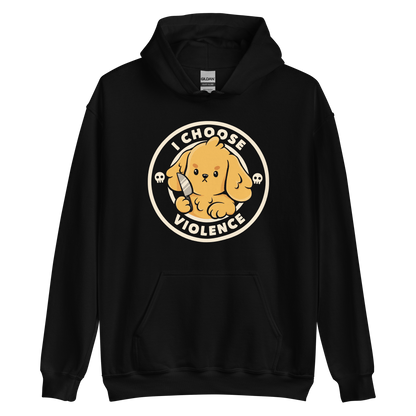 A cute yellow cartoon dog holds a small knife, surrounded by a circular logo that reads 'I Choose Violence'. The dog's expression is serious, yet the overall style is playful and cute. Two small skull icons are on either side, adding an ironic tone to the cheerful design.