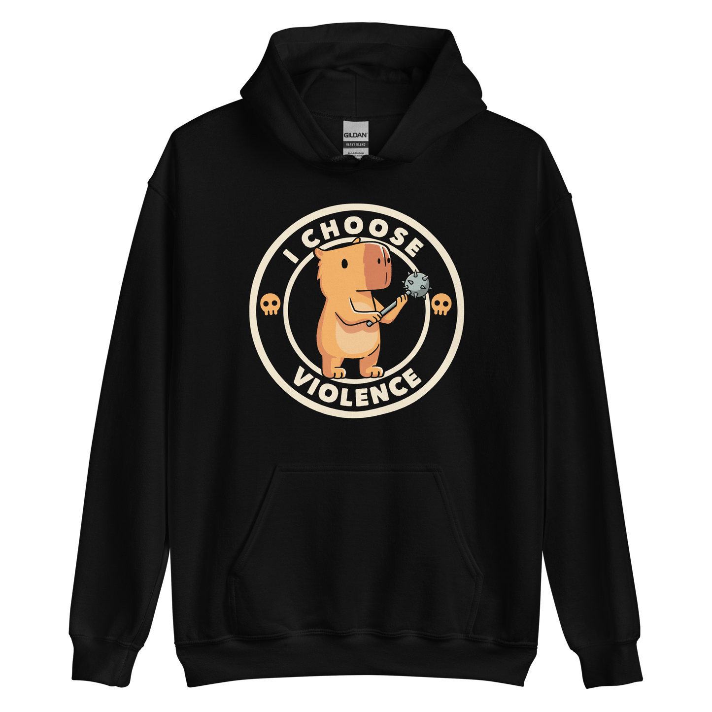 A cute, cartoonish burnt yellow capybara stands holding a spiked mace with a determined expression. Surrounding it is a circular design with the text 'I CHOOSE VIOLENCE' and two small skulls on either side, giving it a humorous yet ironic tone.