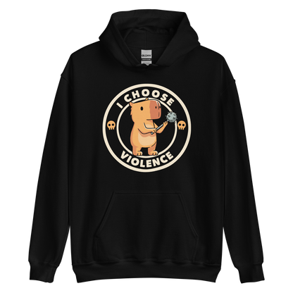 A cute, cartoonish burnt yellow capybara stands holding a spiked mace with a determined expression. Surrounding it is a circular design with the text 'I CHOOSE VIOLENCE' and two small skulls on either side, giving it a humorous yet ironic tone.