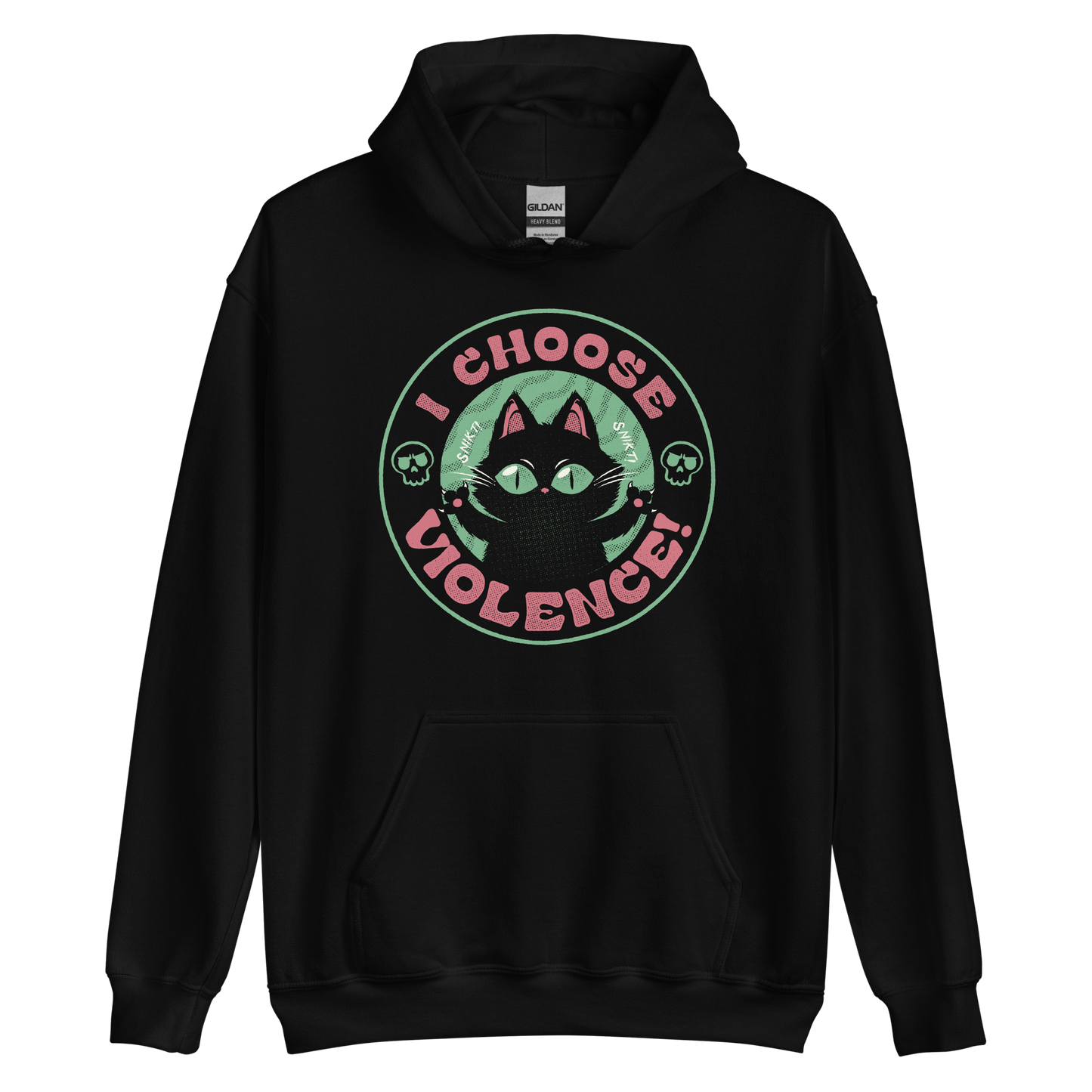 The image features a black cartoon-like cat with large, bright eyes and pointed ears, with a defiant look on its face. The cat is centered within a circular border. Surrounding the cat, the text reads 'I CHOOSE VIOLENCE!' in bold, playful font. There are also small skull illustrations flanking the cat on either side, adding a dark yet humorous tone to the design.