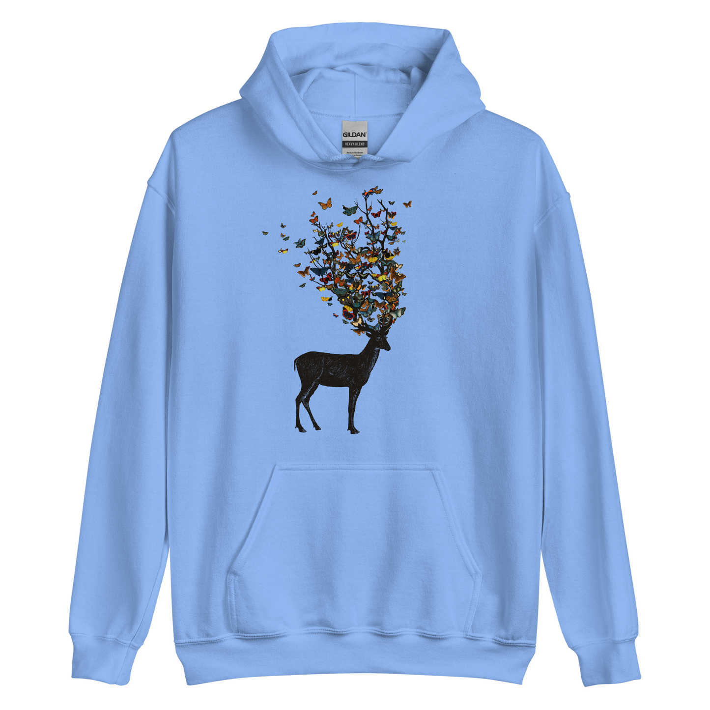 The image depicts a dark, silhouetted deer standing on a neutral background. Instead of branches, its antlers transform into a swirling cloud of vibrant, colorful butterflies that extend upwards and outward. The mix of organic and ethereal elements creates a captivating and whimsical visual contrast.
