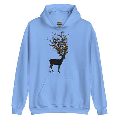 The image depicts a dark, silhouetted deer standing on a neutral background. Instead of branches, its antlers transform into a swirling cloud of vibrant, colorful butterflies that extend upwards and outward. The mix of organic and ethereal elements creates a captivating and whimsical visual contrast.