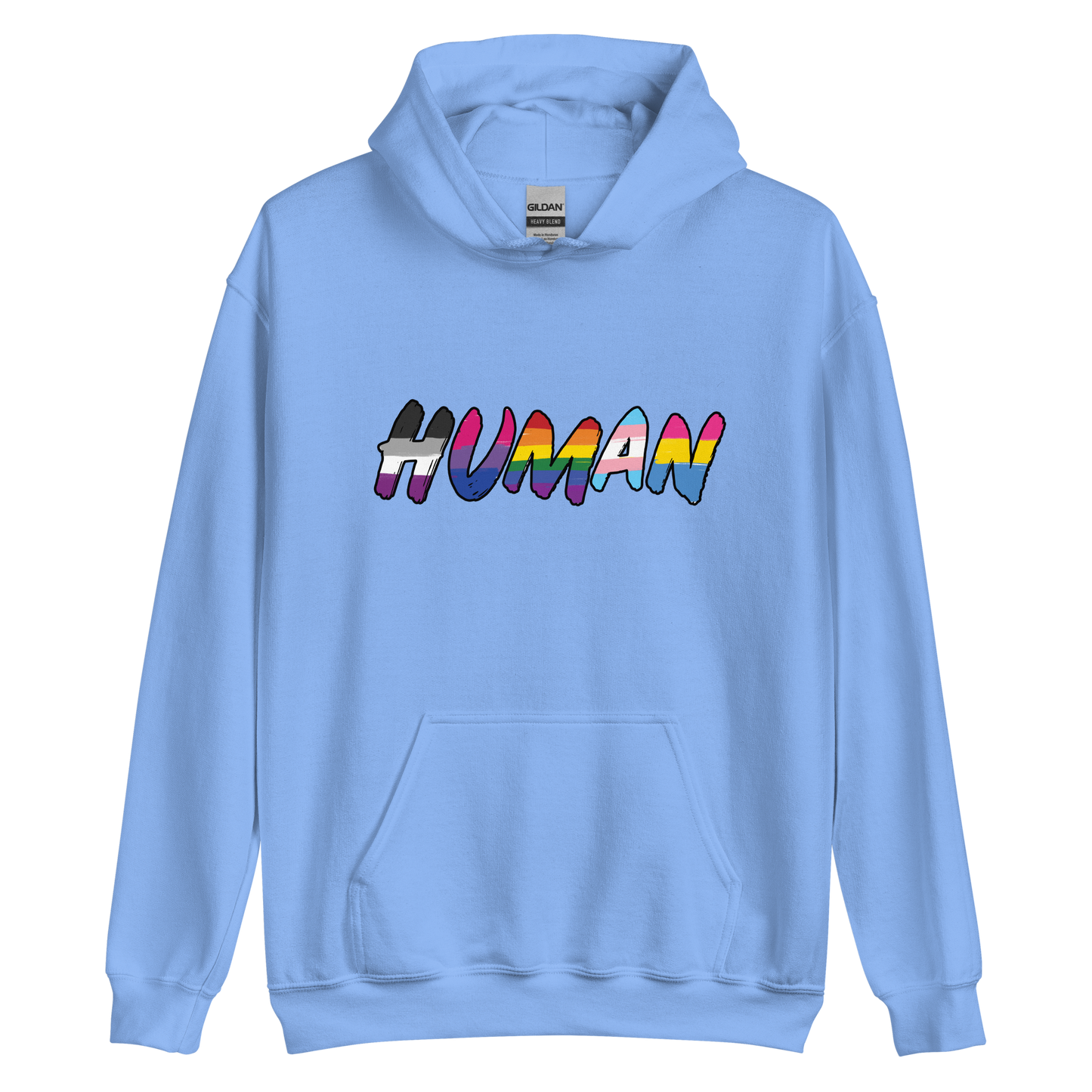 The image displays the word 'HUMAN' in bold, capitalized letters filled with colorful pride flag patterns. The colors within the letters represent different LGBTQ+ pride flags, symbolizing inclusivity and diversity. The background is solid black, which makes the colorful patterns stand out more vibrantly.