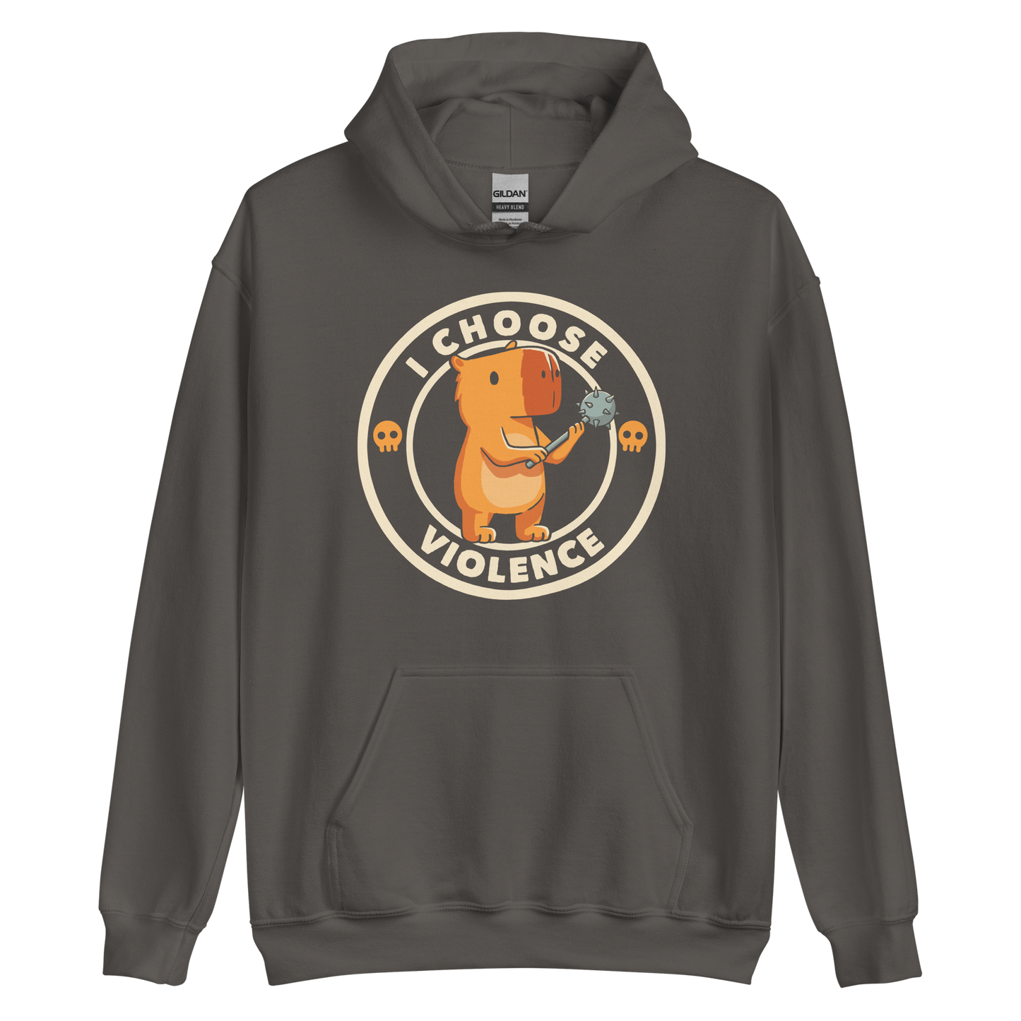 A cute, cartoonish burnt yellow capybara stands holding a spiked mace with a determined expression. Surrounding it is a circular design with the text 'I CHOOSE VIOLENCE' and two small skulls on either side, giving it a humorous yet ironic tone.