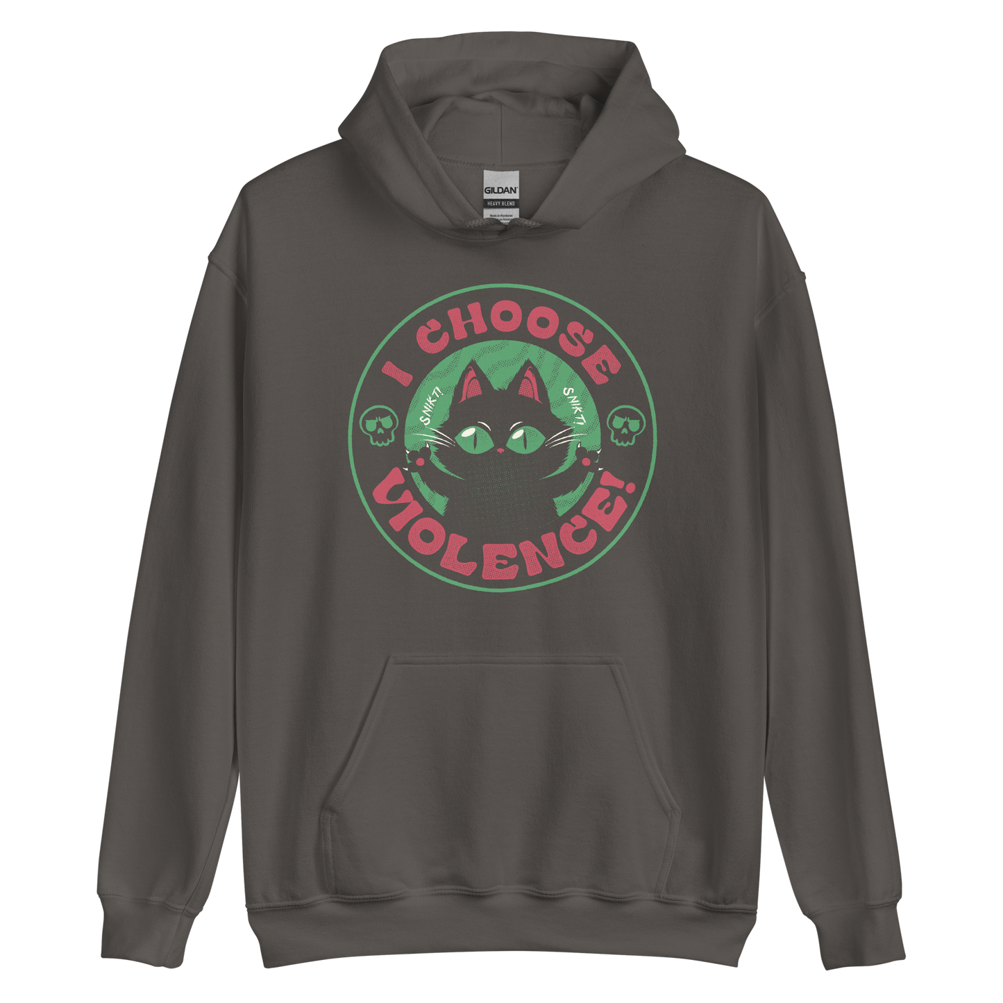 The image features a black cartoon-like cat with large, bright eyes and pointed ears, with a defiant look on its face. The cat is centered within a circular border. Surrounding the cat, the text reads 'I CHOOSE VIOLENCE!' in bold, playful font. There are also small skull illustrations flanking the cat on either side, adding a dark yet humorous tone to the design.