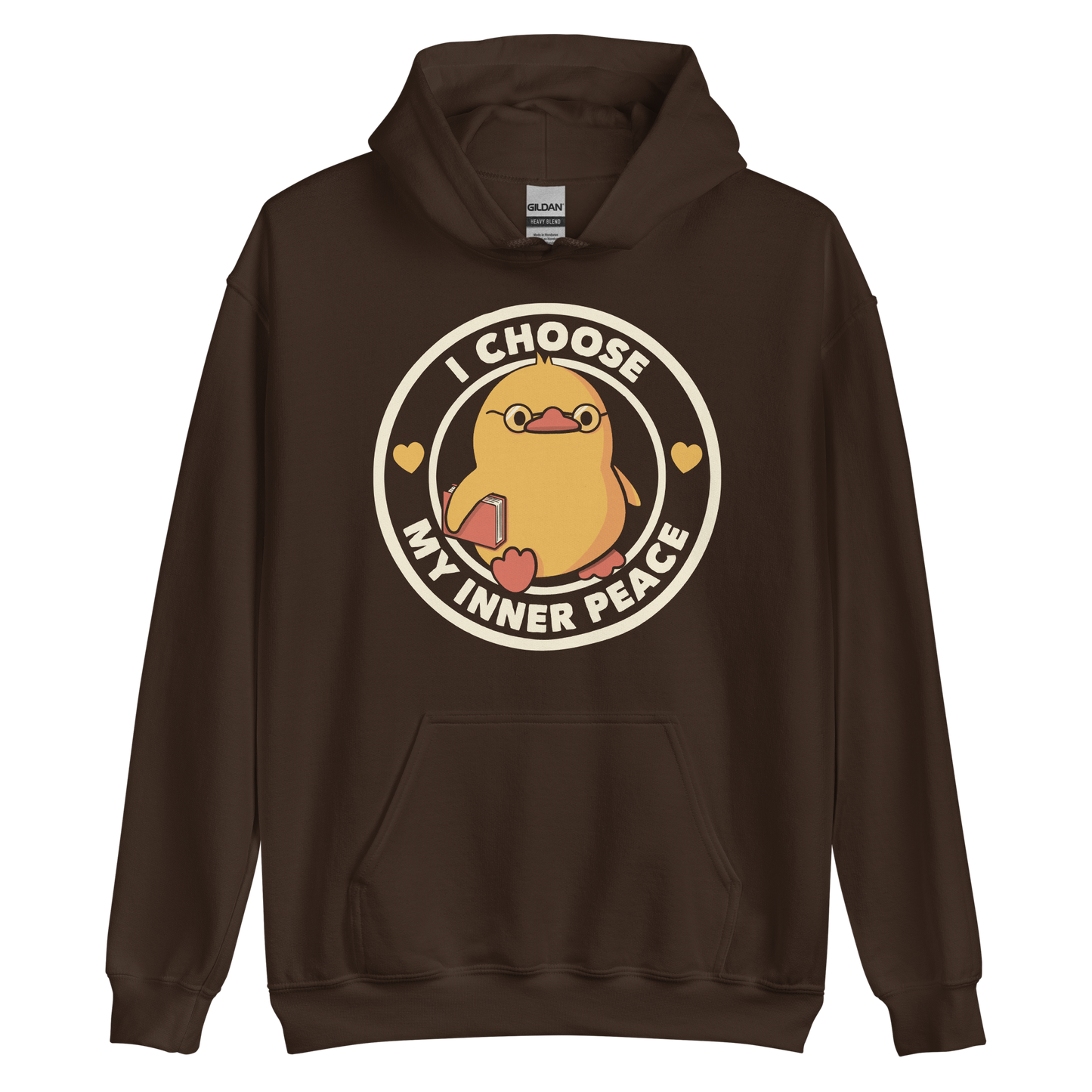 A cute yellow bird with a small tuft of feathers on its head is wearing round glasses and holding a red book. The bird has a determined expression. The image is encircled by the phrase 'I CHOOSE MY INNER PEACE' with two small hearts on each side.