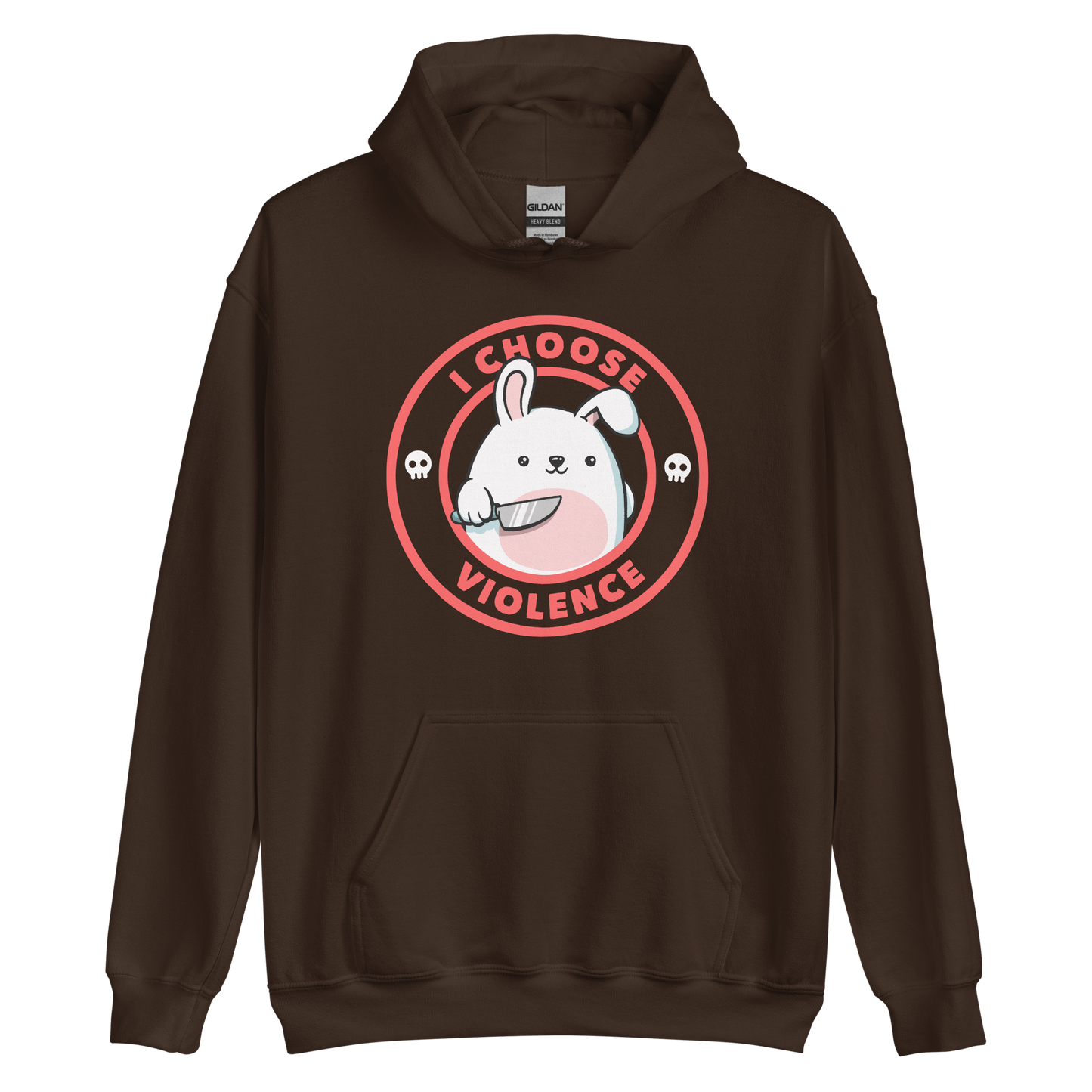 A cute white cartoon bunny with a pink belly stands holding a large kitchen knife in one paw. Surrounding the bunny is a red circular border with the words 'I CHOOSE VIOLENCE'. Small skull icons are on either side of the circle. The overall tone is a mix of adorable and ironic humor.