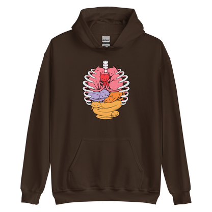 The image features a unique and colorful illustration of six whimsical cats nestled within and around a human ribcage. Each cat is a different bright color, ranging from pink and purple to orange and yellow, creating a visually appealing and vibrant composition. The use of contrasting colors and playful subject matter gives it a charming and eye-catching style.