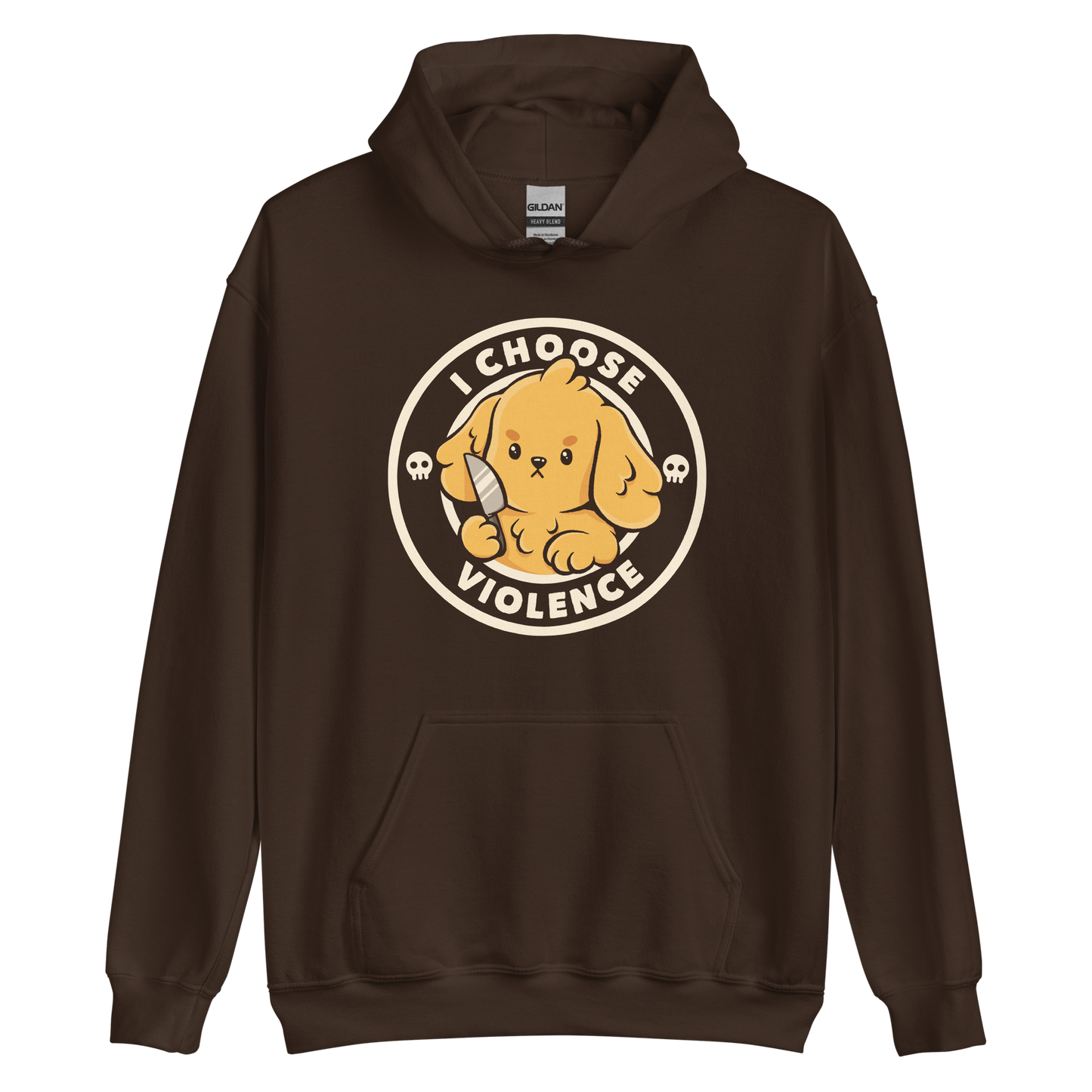 A cute yellow cartoon dog holds a small knife, surrounded by a circular logo that reads 'I Choose Violence'. The dog's expression is serious, yet the overall style is playful and cute. Two small skull icons are on either side, adding an ironic tone to the cheerful design.